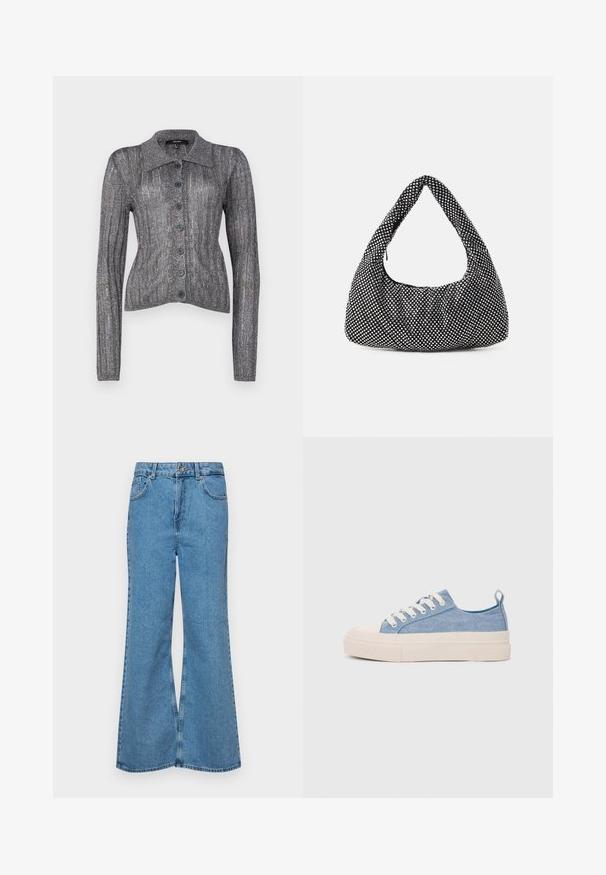 Metallisk grå strikket cardigan med krage, lange ermer og seks frontknapper. Har ribbestrikket tekstur og en tettsittende silhuett.; Lyseblå vide jeans laget av denim, med høyt liv, fem lommer og en enkelt knappelukking. Myk tekstur med falmet finish.; Lys blå canvastøfler med en kremfarget gummitupp og yttersåle, med hvite snørebånd og en løfteløkke på hælen.; Svart veske med en buet, hobo-form, teksturert stoff med sølvnitter. Enkelt bånd, glidelås lukking, og myk silhuett.