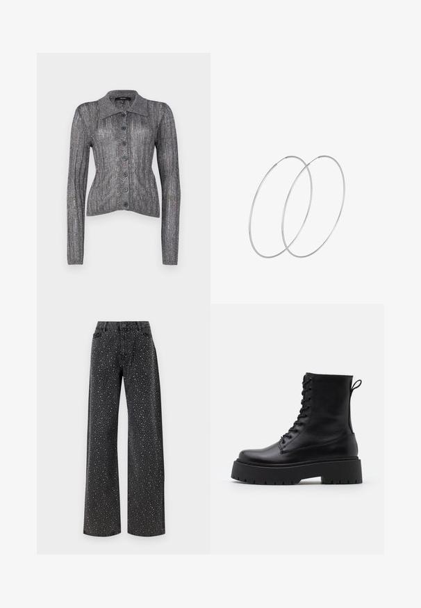 Metallik hõbedane kootud kardigan kaelusega, pikkade varrukatega ja kuuenda nupuga ees. Omab reljeefset tekstuuri ja kehakallist siluetti.; Noisy May NMJANNEL LOOSE - Avar lõikega teksad - black denim; Mustad mustad nahast pahkluu saapad ümarate varvastega, nööridega esiosas ja paksu kummist talla ning tekstuuritud mustriga. Tagumine tõmbeaas.; Hõbedased rõngastikkaehingad minimalistlikus disainis. Ümar kuju, sile tekstuur ja õhuke profiil. Kerged ning poleeritud viimistlusega.