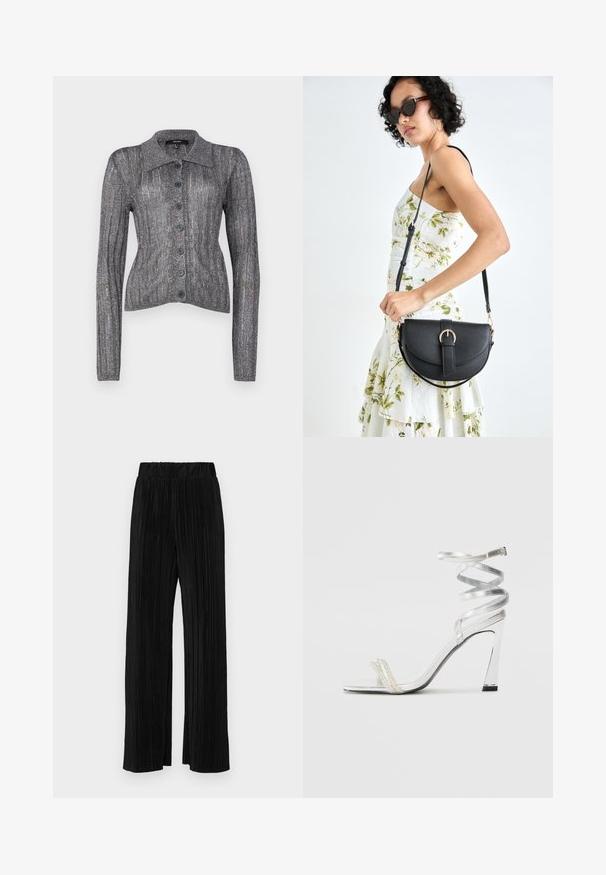 Metallisch grauer Strickcardigan mit Kragen, langen Ärmeln und sechs Frontknöpfen. Verfügt über eine gerippte Struktur und eine taillierte Silhouette.; Schwarze plissierte Hose mit elastischem Bund. Verfügt über weite Hosenbeine und einen glatten, strukturierten Stoff mit vertikalen Streifen.; Silberne High-Heel-Sandale mit einem glänzenden Riemen-Design, das einen perlenähnlichen Akzent und einen spiralförmigen Knöchelriemen für einen sicheren Sitz bietet.; Schwarze Lederhandtasche mit geschwungener Form, abnehmbarem Tragegurt und goldenen Beschlägen. Die Tasche verfügt über einen Deckel mit einer Schnallen-Details.