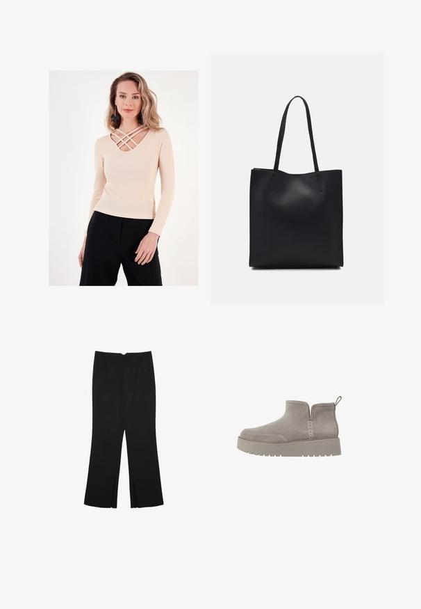Beżowa bluzka z długim rękawem o ribbowym wzorze, z okrągłym dekoltem i krzyżującymi się detalami. Przyjemny w dotyku materiał, dopasowany fason, w połączeniu z ciemnymi spodniami.; Czarne spodnie o prostym kroju, z przednimi kieszeniami i bocznymi rozcięciami na dole. Wykonane z miękkiego, gładkiego materiału. Odpowiednie na różne okazje.; Szare zamszowe botki za kostkę o niskim profilu, z elastycznymi bocznymi panelami i teksturowaną gumową podeszwą. Posiadają pętelkę ułatwiającą zakładanie.; Czarna skórzana torba tote o gładkiej fakturze, prostokątnym kształcie i dwóch długich uchwytach. Brak widocznych elementów metalowych i ozdób.