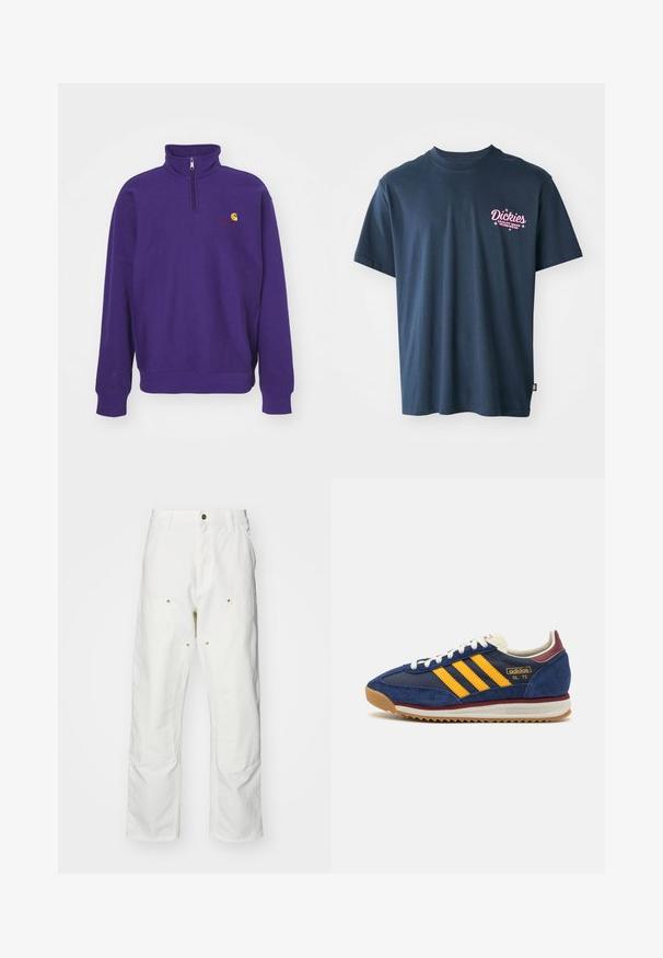 Carhartt WIP HALF ZIP AMERICAN SCRIPT - Sweatshirt - aura; Marineblå bomulls T-skjorte med en rosa trykt logo på brystet med teksten "Dickies Quality Made Workwear." Kortermet, standard passform.; Hvite bomullscargo bukser med avslappet passform. Funksjoner inkluderer frontlommer, gullfargede detaljer og forsterkede knepartier.; Marineblå suede sneakers med gule striper, hvite lisser og burgunder detaljer. Teksturert såle med spor for grep. Merkevarenlogo på siden.