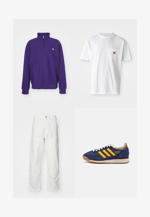 Carhartt WIP HALF ZIP AMERICAN SCRIPT - Sweatshirt - aura; White cotton t-shirt with a round neckline and short sleeves. Features a small red heart logo on the left chest pocket.; White cotton cargo pants with a relaxed fit. Features include front pockets, gold hardware accents, and reinforced knee sections.; Navy suede sneaker with yellow stripes, white laces, and burgundy accents. Textured sole with grooves for traction. Brand logo on side.