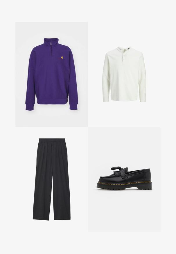 Carhartt WIP HALF ZIP AMERICAN SCRIPT - Sportska majica - aura; Bijela majica dugih rukava s tri gumba i okruglim izrezom, prikazana na jednostavnoj bijeloj pozadini.; Hlače širokih nogavica napravljene od tamnosive tkanine. Imaju nabore na struku, kroj prilagođen tijelu i ravnu siluetu.; Crna kožna loaferica s resicama, koja ima čvrst crni potplat i žute šavove duž ruba. Teksturirana završna obrada.