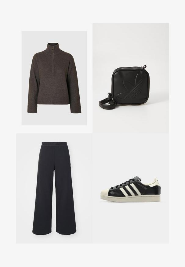 Pull en marron foncé avec un col montant et une demi-fermeture éclair, doté de poignets et d'un ourlet côtelés, fabriqué dans un tissu doux et texturé.; Pantalons de survêtement larges noirs en tissu doux, dotés d'une taille élastique et d'un petit logo sur le côté gauche.; Baskets en cuir noir avec des rayures blanches, embout en caoutchouc, lacets noirs et semelle extérieure crème. Texture lisse avec une finition brillante.; Sac bandoulière noir en matériau synthétique texturé. Présente un design de logo en relief et une bandoulière réglable. Fermeture zippée.