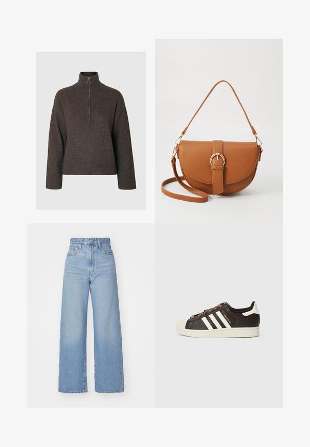 Maglione pullover marrone scuro con colletto alto e mezza cerniera, caratterizzato da polsini e orlo a coste, realizzato in un tessuto morbido e texture.; Jeans a vita alta blu chiaro con gamba larga, chiusura frontale con bottone e zip, tasche anteriori e posteriori, su uno sfondo bianco.; Sneaker Adidas Superstar low-top in pelle marrone scuro con punta a conchiglia crema, strisce bianche e scritta "Superstar" sul lato.; Borsa a tracolla in pelle marrone con forma curvata, hardware dorato e un dettaglio con fibbia. Presenta una tracolla rimovibile.
