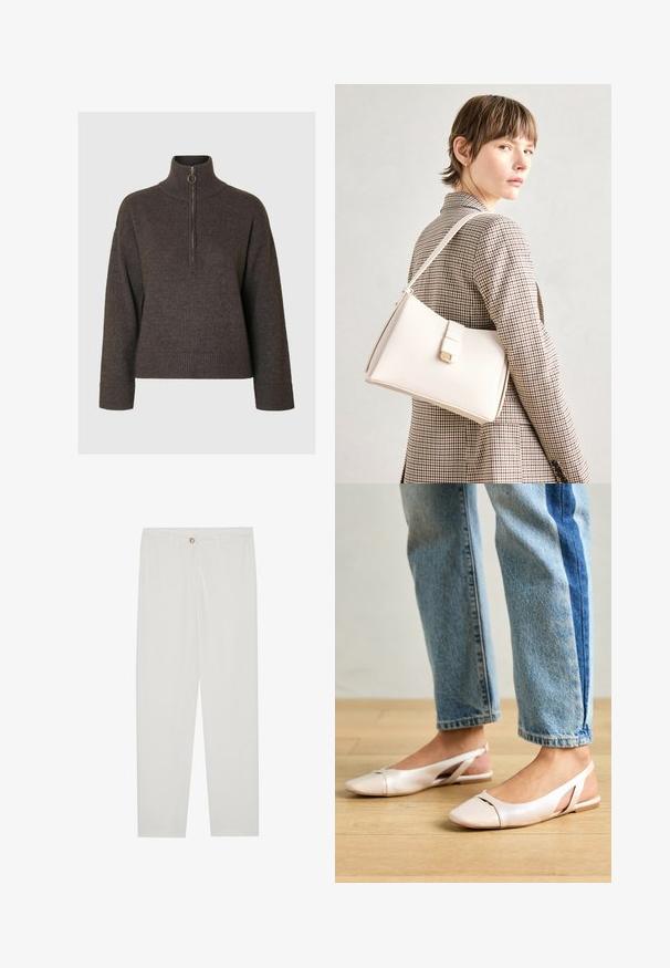 Tumši brūns džemperis ar augstu apkakli un puspaļķi, ar ribotām piedurknēm un apakšmalu, izgatavots no mīksta, teksturēta auduma.; Baltas, pielāgots bikses ar taisnu kāju dizainu, ar pogu aizdari, jostu cilpām un sānu kabatām; gluda auduma tekstūra.; Bālti rozā siksniņu dzīvokļi ar smailu purngalu, izgatavoti no gludas ādas līdzīgās materiāla. Iezīmē izgriezumu detaļas sānos un platu papēdi.; Balta ādas rokassoma ar strukturētu dizainu, kurai ir magnētiska aizdare un plecu josta, parādīta uz neitrāla fona.