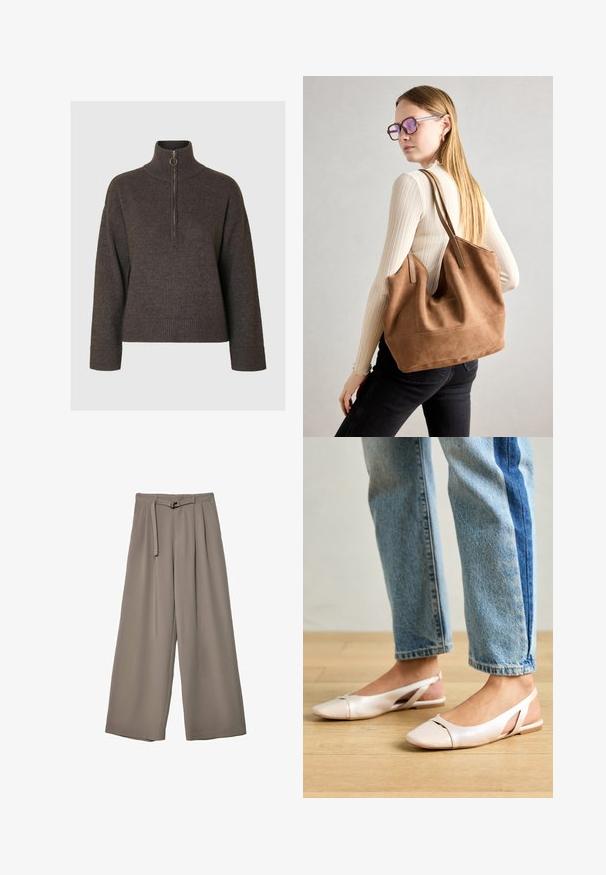 Tamno smeđi pulover s visokim ovratnikom i polu-zipom, s rebrastim manžetama i rubom, izrađen od mekog, teksturiranog materijala.; Široke hlače u mekoj, prigušenoj sivoj tkanini, s remenom na struku i plisiranim detaljima za dodatni dizajn. Glatka tekstura, bez uzoraka.; Svijetlo ružičaste slingback balerinke s šiljastim vrhom, izrađene od glatkog materijala nalik koži. Sadrže izrezane detalje sa strane i ravnu petu.; Smeđa suede torba sa mekom teksturom, širokim otvorom i dugim trakama. Ima jednostavan dizajn s vidljivim šavovima i bez hardvera.