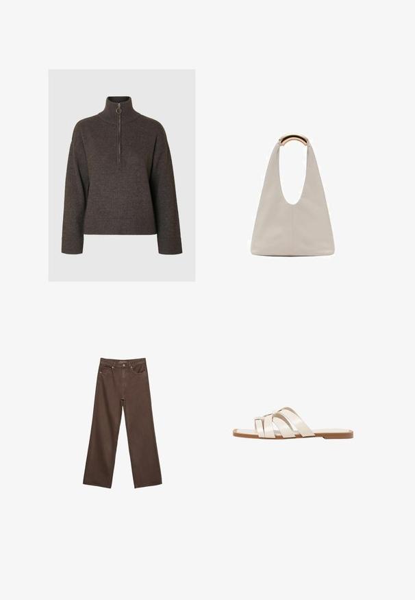 Temno rjav pulover s visoko ovratnikom in pol-zadrgo, ki ima rebraste manšete in rob, izdelan iz mehkega, teksturiranega materiala.; Široke rjave kavbojke iz denima, ki imajo visok pas, sprednje žepe in klasično zapiranje na gumb. Gladka tekstura s subtilnim šivom.; Ravne sandale s svetlo rjavim gumijastim podplatom, zasnovane s tremi prekrivajočimi se belimi usnjenimi trakovi in majhnim lokom na sredini.; Svetlo siva usnjena torba z U-oblika zasnovo in ukrivljenim kovinskim ročajem. Gladka tekstura z minimalnim šivom in brez vidnih vzorcev.