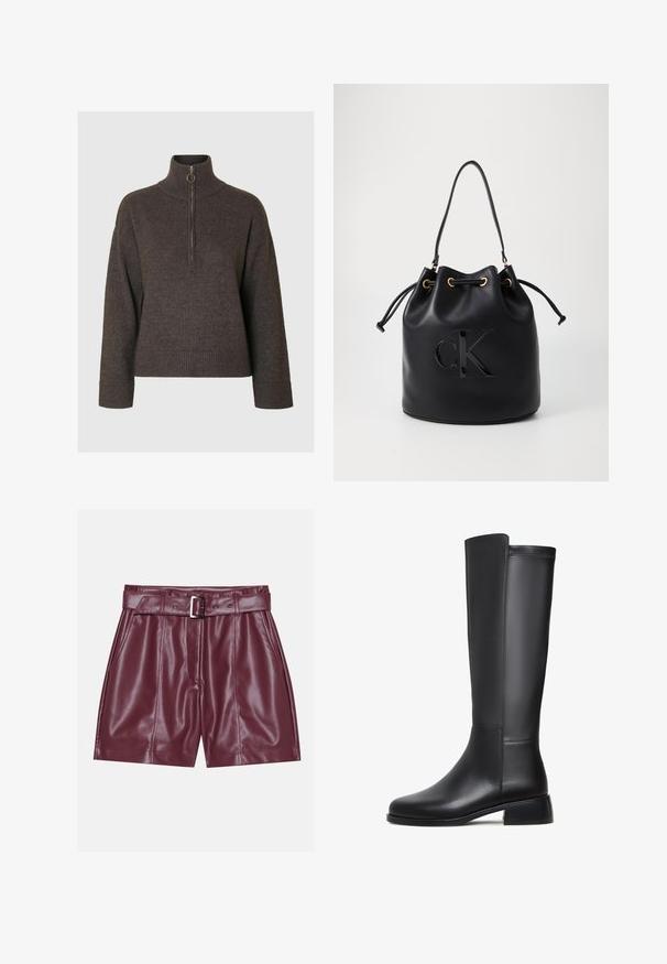 Suéter marrón oscuro de cuello alto y media cremallera, con puños y dobladillo de canalé, fabricado en una suave tela texturizada.; Pantalones cortos de imitación cuero burdeos con una cinturilla ancha, un cinturón con una hebilla plateada y pliegues en la parte delantera para una silueta relajada.; Bota de cuero negro hasta la rodilla con textura suave, puntera redondeada, taco bajo y un sutil detalle de costura a lo largo del costado.; Bolso hobo de cuero negro con cierre de elástico, que presenta un brillante logo "CK" en el frente y detalles en tono dorado.