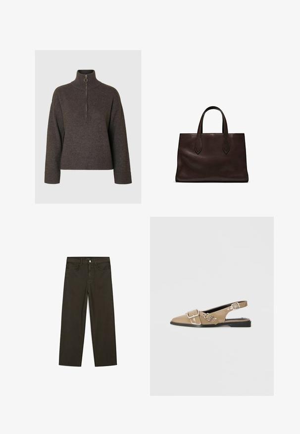 Donkerbruin pullovertrui met hoge kraag en halve rits, voorzien van geribde manchetten en zoom, gemaakt van een zachte, gestructureerde stof.; Donkergroene wijde jeans van een katoenmix, met een sluiting met een voorste knop, vijf zakken en klassieke denimstiksels.; Beige gepatineerde slingback schoenen met een spitse neus, twee verstelbare gespen en een lage zwarte hak. Glad textuur met een glanzende afwerking.; Bruine leren tote bag met twee verlengde handvatten, gestructureerde rechthoekige vorm, gladde textuur en subtiele stiksels.