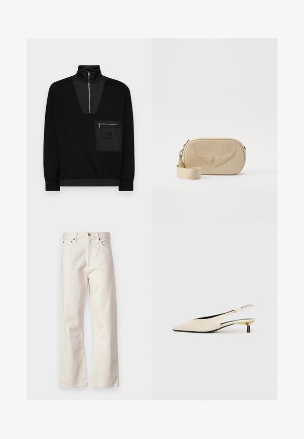 Puxador preto com gola alta, fecho de zíper e um recorte em forma de V. Apresenta um bolso frontal com zíper e um tecido liso e texturizado.; Jeans de ganga brancos com corte reto, apresentando um design clássico de cinco bolsos, fecho de botão metálico e uma textura subtil.; Sapatos de salto slingback em couro patente bege com bico fino, um salto preto esbelto e detalhes em ouro metálico nas laterais.; Bolsa de ombro em pele texturizada bege, com um design de asa em relevo. Apresenta um fecho em zíper e uma alça destacável com letras em baixo-relevo.