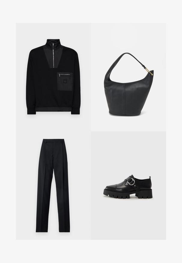 Pullover nero con colletto alto, chiusura con zip e un'apertura a forma di V. Presenta una tasca frontale con zip e un tessuto liscio e texturizzato.; Pantaloni neri realizzati in tessuto morbido, caratterizzati da vita alta, gambe larghe, pince frontali e classiche passanti per cintura. Non ci sono tasche laterali visibili.; Scarpe in pelle nera con suola spessa e rigata, dotate di un accento in metallo argentato a forma circolare e dettagli di cucitura minimal.; Borsa a tracolla in pelle nera con forma arrotondata, una tracolla ampia e una finitura testurizzata. Presenta un dettaglio di cucitura discreto e un dettaglio in metallo dorato.