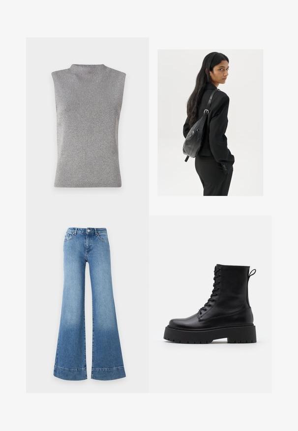 Bezramenný rebrovaný top v svetlo šedej farbe s vysokým golierom. Vyrobený z textilného materiálu s jemným leskom po celej látke.; Svetlomodré riflové nohavice s vysokým pásom a širokými nohavicami, s jemným vyblednutím. Obsahujú klasický dizajn s piatimi vreckami a kovovým zapínaním.; Čierne kožené členkové topánky s okrúhlou špičkou, šnurovaním vpredu a hrubou gumovou podrážkou s textúrovaným vzorom. Sťahovací pútko na zadnej strane.; Žena s dlhými tmavými vlasmi, oblečená v čiernom obleku, nesúca čiernu koženú kabelku na ramene, pozerajúca cez rameno na bielom pozadí.