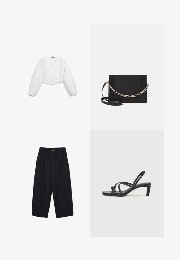 Blouse blanche cropped avec de longues manches bouffantes, un design en portefeuille et une texture lisse. Présente un décolleté en V profond et des épaules froncées.; Pantalon culotte noir en polyester avec une taille élastique, deux plis avant et une silhouette ample. Pas de motifs visibles ni de détails matériels.; Sandale noire à lanières avec un bout carré et un petit talon bloc. Elle présente plusieurs fines lanières et une sangle de cheville ajustable. Fabriquée en cuir lisse.; Sac bandoulière en cuir noir avec une texture lisse, de forme rectangulaire et un détail en chaîne métallique à l'avant. Sangle réglable incluse.