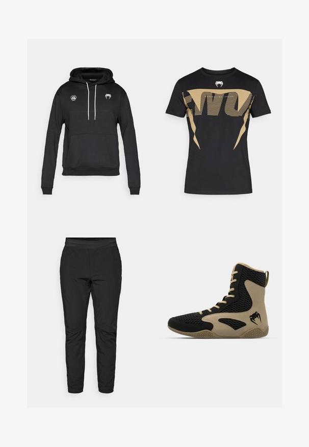 Black pullover hoodie with a kangaroo pocket, white drawstrings, and two logos on the chest. Made from soft, textured fabric.; Black cotton t-shirt featuring a large, bold golden graphic design with stripes and a cobra logo on the chest. Classic crew neck style.; Black stretch pants with a fitted design, elastic waistband, and zippered pockets. Smooth texture with a slightly shiny finish.; High-top athletic shoe featuring a black mesh exterior with beige accents. Textured rubber sole and logo detail on the side.