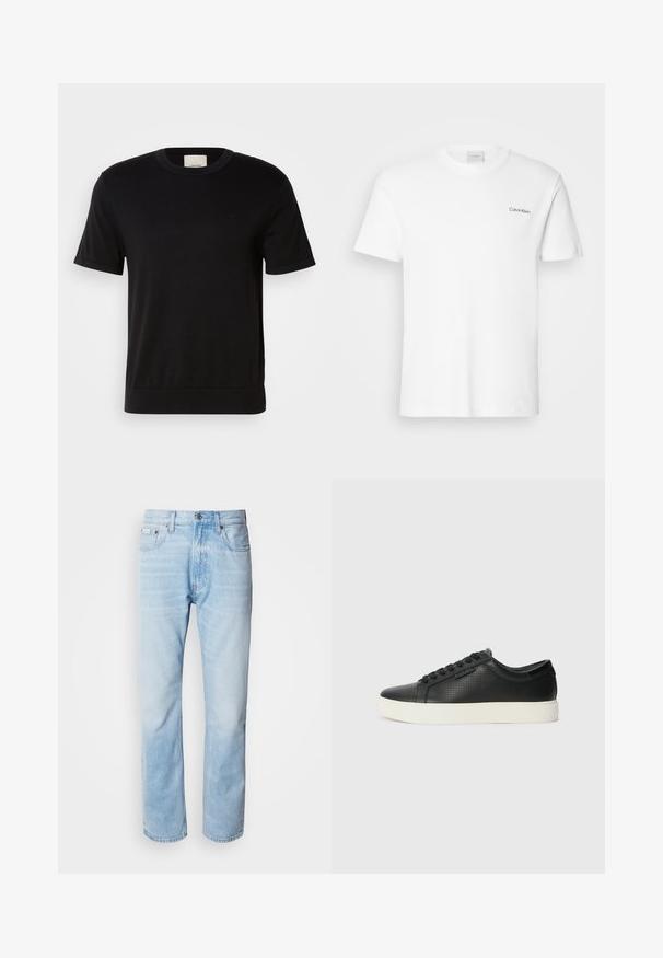 Svart T-skjorte med kort erm laget av myk bomull. Har rund hals, ribbete tekstur og en subtil logoakcent på brystet.; Hvit bomulls T-skjorte med korte ermer og rund hals. Har en liten svart "Calvin Klein" logo på venstre bryst.; Lyseblå denimjeans med strak benkutt, med falmede seksjoner, femlommerdesign og en klassisk knappestol.; Sorte lær sneakers med perforert tekstur, rund tå og flat hvit gummisåle. Har sorte snørebånd og en subtil logo på siden.