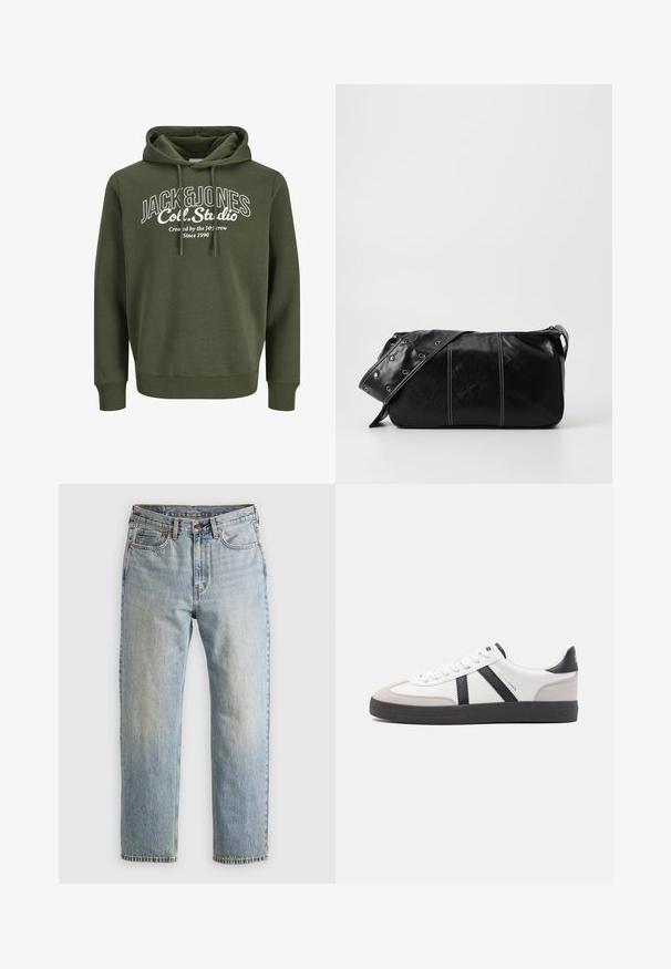 Olive zelená mikina s kapucňou a šnúrkami, s bielou grafickou potlačou, ktorá obsahuje text "JACK&JONES Coll. Studio." Mäkčená látka, voľný strih.; Svetlomodré džínsy s vysokým pásom, predným gombíkom, zipsom a dizajnom s piatimi vreckami, rozložené na neutrálnom pozadí.; Biele tenisky s čiernymi a šedými akcentmi, s textúrovanou šedou špičkou, čiernou gumovou podrážkou a plochými bielymi šnúrkami. Čistý dizajn, minimalistický štýl.; Čierna kožená kabelka cez plece so zipsovým uzáverom, so štruktúrovaným telom, bielym prešívaním a popruhom so striebornými očkami.