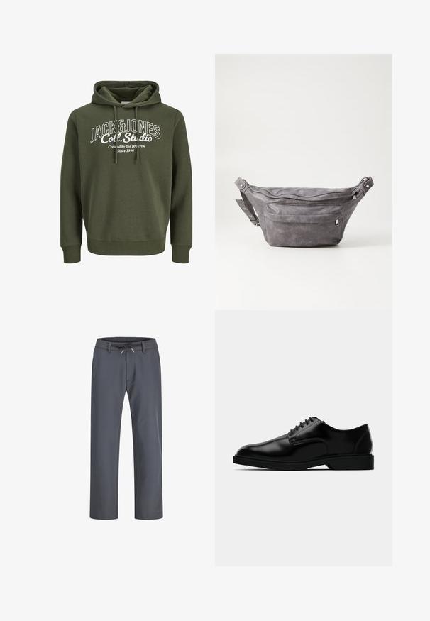 Hanorac verde măsliniu cu șnur, având un imprimeu grafic alb care include textul "JACK&JONES Coll. Studio." Material moale, croială lejeră.; Pantaloni gri cu elastic în talie și șnur de ajustare. Design cu pantaloni dreapi, confecționați dintr-un material neted, caracterizați prin cusături minime și fără accesorii vizibile.; Pantof black din piele cu un finisaj neted, vârf rotunjit, design cu șireturi și talpă din cauciuc discretă pentru aderență.; Borseta gri din suede, cu o formă rotunjită, două compartimente cu fermoar și curea ajustabilă. Are accente din metal.