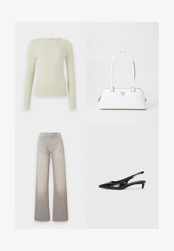 Long-sleeve, fitted top in light green textured fabric with a round neck. Smooth surface with subtle ribbing, no visible hardware or accents.; Gray wide-leg jeans with a faded finish, button closure, five-pocket design, and stitched detailing along the seams.; Black leather slingback heels with a pointed toe, featuring a slim heel and a gold-tone accent on the adjustable strap. Smooth texture.; White leather handbag with a curved shape, featuring a silver triangular logo and zipper closure. Smooth texture and dual handles.