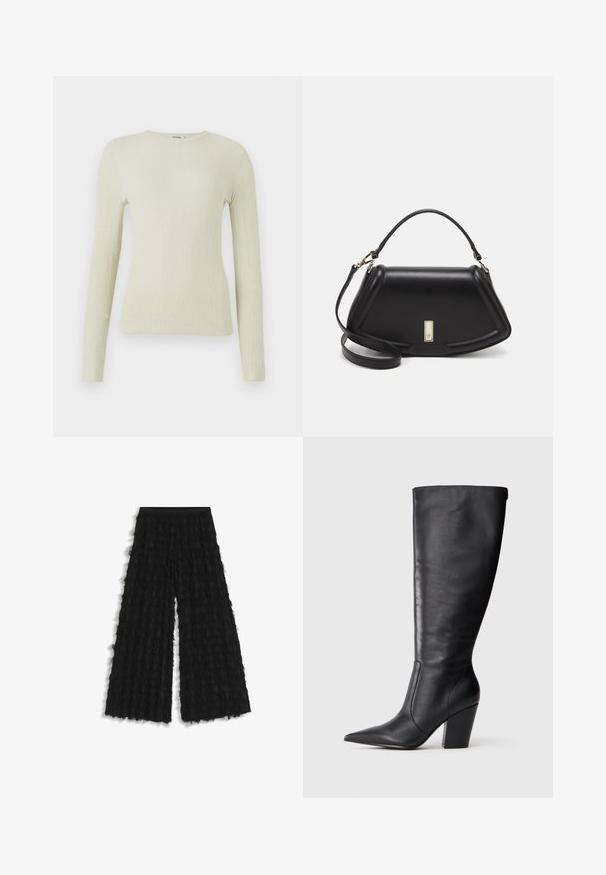 Langärmliges, eng anliegendes Oberteil aus leicht grünem Textilmaterial mit Rundhalsausschnitt. Glatte Oberfläche mit feinen Rippungen, keine sichtbaren Beschläge oder Akzente.; Schwarze, weit geschnittene Hosen aus strukturiertem Stoff mit geschichteten, ausgefranseten Akzenten und einem glatten Bund. Das Gesamtdesign ist fließend und luftig.; Schwarze kniehohe Lederstiefel mit spitzem Zehen und klobigem hohen Absatz, von der linken Seitenansicht auf weißem Hintergrund gezeigt.; Schwarze Lederhandtasche mit einem strukturierten Design, das eine verkürzte Form, einen oberen Griff und goldfarbene Hardware-Details aufweist. Verstellbarer Schulterriemen ist enthalten.