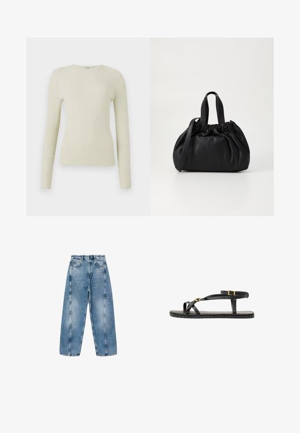 Long-sleeve, fitted top in light green textured fabric with a round neck. Smooth surface with subtle ribbing, no visible hardware or accents.; Light blue denim jeans feature a relaxed fit, large pockets, and contrasting stitching. The fabric has a faded finish with a smooth texture.; Black leather sandals with thin straps and a buckled ankle strap. Flat sole with a textured finish and zigzag edge. Minimalist design.; Black leather handbag with a gathered top design, featuring two short handles and a long adjustable strap. Smooth texture, rounded shape.