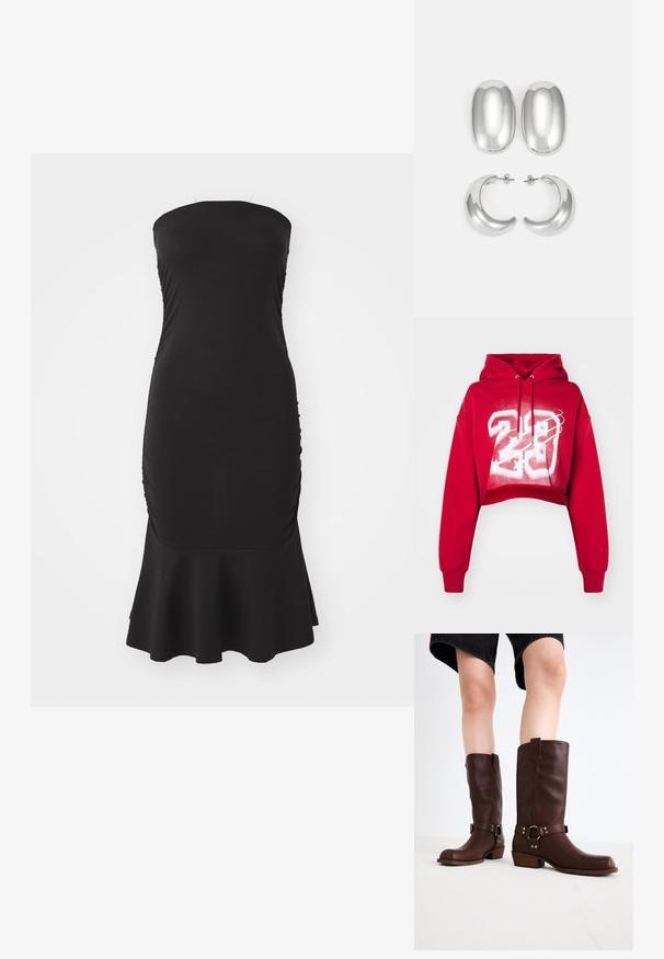 Sudadera corta roja con capucha ajustable y gráfico frontal en blanco, que presenta el número "23" y elementos de diseño. Tejido suave, corte holgado.; Vestido negro sin mangas hecho de un tejido elástico, con fruncidos a lo largo de los lados y un dobladillo acampanado. Textura suave con una silueta ajustada.; Botas de cuero marrón hasta la rodilla con punta redonda, superficie texturizada, correa en el tobillo y detalles de hardware plateado; tacón apilado.; Conjunto de aretes de color plateado: dos pendientes ovalados y dos aros en forma de media luna, con un acabado brillante y suave y un diseño redondeado.