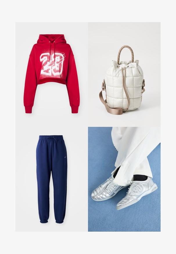Cappuccio corto rosso con cordoncino e grafica frontale bianca, che presenta il numero "23" e elementi di design. Tessuto morbido, vestibilità ampia.; Pantaloni della tuta blu navy realizzati in tessuto morbido, con vita elasticizzata regolabile tramite cordino, polsini elasticizzati e un piccolo logo bianco.; Scarpe da ginnastica argentate con una finitura liscia e lucida, caratterizzate da un design cucito e il numero 90 sul lato, abbinate a pantaloni bianchi.; Borsa trapuntata di un beige chiaro con apertura arricciata, caratterizzata da un manico intrecciato e una tracolla rimovibile. Texture liscia con una leggera lucentezza.