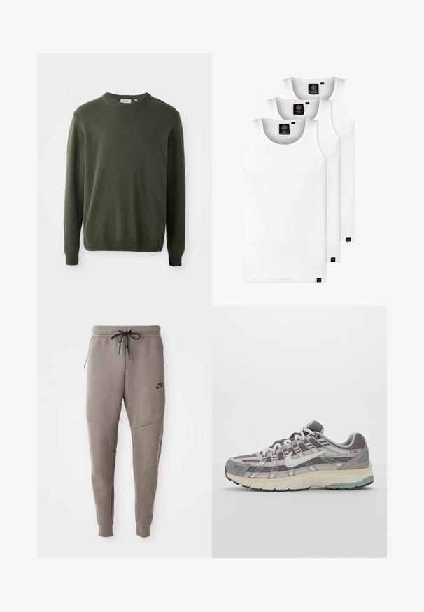 Dark green sweater, round neck, long sleeves, ribbed cuffs and hem, soft texture, simple design, no visible patterns or embellishments.; Three white ribbed tank tops made of cotton. Features a crew neck and small black labels near the hem. Available in multiple sizes.; Gray Nike sweatpants with a drawstring waistband, tapered legs, side pockets, and distinct seam detailing. Soft, textured fabric.; Gray athletic shoe featuring a mesh and suede upper, white accents, a cushioned sole, and a distinctive design with reflective elements.