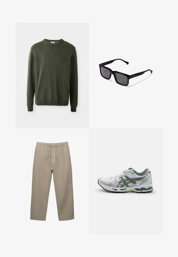 Pulover verde închis, guler rotund, mâneci lungi, tivuri și margine cu striații, textură moale, design simplu, fără modele sau embellishments vizibile.; Pantaloni din bumbac bej cu talie elastică și șnur ajustabil. Design cu picior drept, dotat cu buzunare laterale și textură netedă.; Pantof din neopren alb cu accente argintii, guler din plasă verde și dungi verzi. Are o parte superioară din plasă texturată și o talpă căptușită.; Ochelari de soare dreptunghiulari negri cu lentile întunecate; cadru din plastic lucios cu brațe drepte și detaliu subtil cu logo pe lateral.; Ceas din oțel inoxidabil argintiu cu un cadran alb rotund, bezel tachimetric negru, accente verzi și o brățară dinlinkuri metalice.