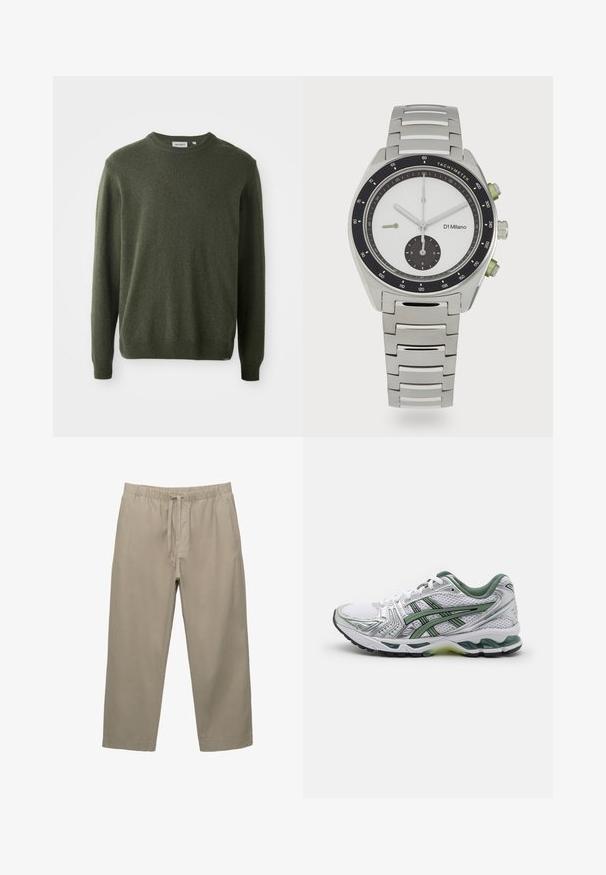 Tumma vihreä neule, pyöreä kaula-aukko, pitkät hihat, ribattuja hihansuita ja helmaa, pehmeä pinta, yksinkertainen muotoilu, ei näkyviä kuvioita tai koristeita.; Beige puuvillaiset housut, joissa on joustava vyötärö ja säädettävä nyöri. Suora lahjemalli, jossa on sivutaskut ja sileä rakenne.; Valkoinen juoksukenkä hopeisilla yksityiskohdilla, vihreällä verkkokollarella ja vihreillä raidoilla. Varustettu teksturoidulla verkko-yläosalla ja pehmustetulla pohjalla.; Hopeinen ruostumaton teräksinen kello, jossa on pyöreä valkoinen kellotaulu, musta takymetrinen kehys, vihreät yksityiskohdat ja metallinen linkkipanta.