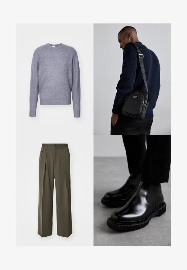 Világosszürke kötött pulóver, kerek nyakkivágással és hosszú ujjakkal. Puha tapintású és enyhén crop szabású. Nincs látható minta vagy díszítés.; Filippa K WIDE TROUSERS - Nadrágok - driftwood; Fekete bőr Chelsea csizma sima felülettel, elasztikus oldalsó panelekkel és vastag, textúrált gumitalppal, amely durva mintázattal rendelkezik.; Fekete bőr keresztpántos táska cipzáras rekesszel, logó részlettel és márkázott állítható pánttal. Egy texturált tengerészkék pulóver mellett viselve.