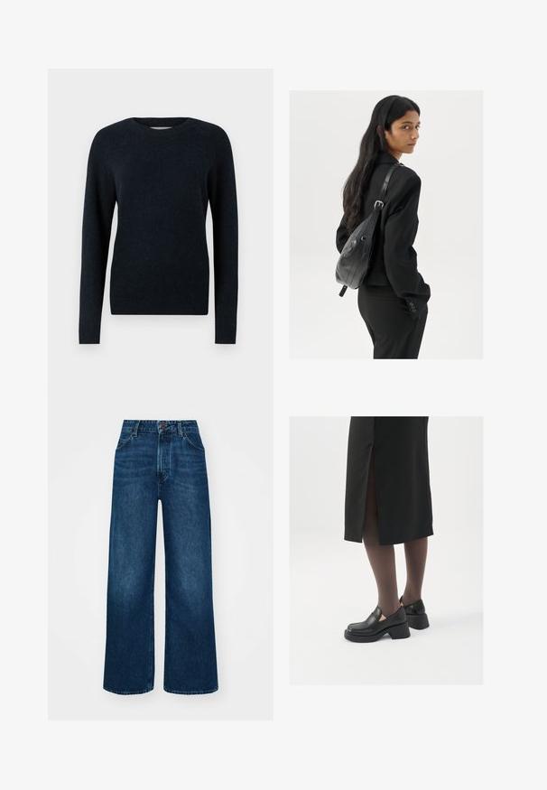Mörkblå tröja med rundad halsringning, långa ärmar och en mjuk, texturerad yta. Enkelt design utan mönster eller utsmyckningar.; Hög midja, vida jeans i mörkblå denim med en smidig textur, kontrasterande sömmar och femficksdesign. Frontknäppning.; Svarta läderskor med rund tå, tjock klack utan häl och elastiska sidodetaljer, kombinerat med mörka strumpbyxor och en svart kjol med slits.; Kvinna med långt mörkt hår, klädd i en svart dräkt, bärandes en svart läderaxelväska, tittar över axeln mot en vit bakgrund.; Silverfärgade hoopörhängen med en minimalistisk design. Cirkulär form, slät yta och tunn profil. Lätta med en polerad finish.