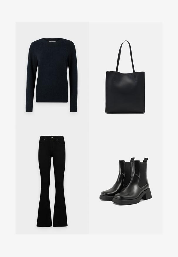 Tamsiai mėlynas megztinis su apvaliu kaklu, ilgomis rankovėmis ir minkšta, tekstūruota apdaila. Paprastas dizainas be raštų ar dekoracijų.; Juodos aukšto liemens džinsai su mygtuku ir užtrauktuku, priekinėmis kišenėmis ir platėjančiomis kojomis, išdėstyti ant baltos fono.; Juodos odinės Chelsea botai su storiu kulnu, elastinėmis šoninėmis panelėmis ir kontrastinga balta siūle. Tekstūruota apdaila.; Juodas odinis tote krepšys su lygia tekstūra, stačiakampio formos ir dviem ilgais rankenomis. Matomų metalinių detalių ar puošybos nėra.