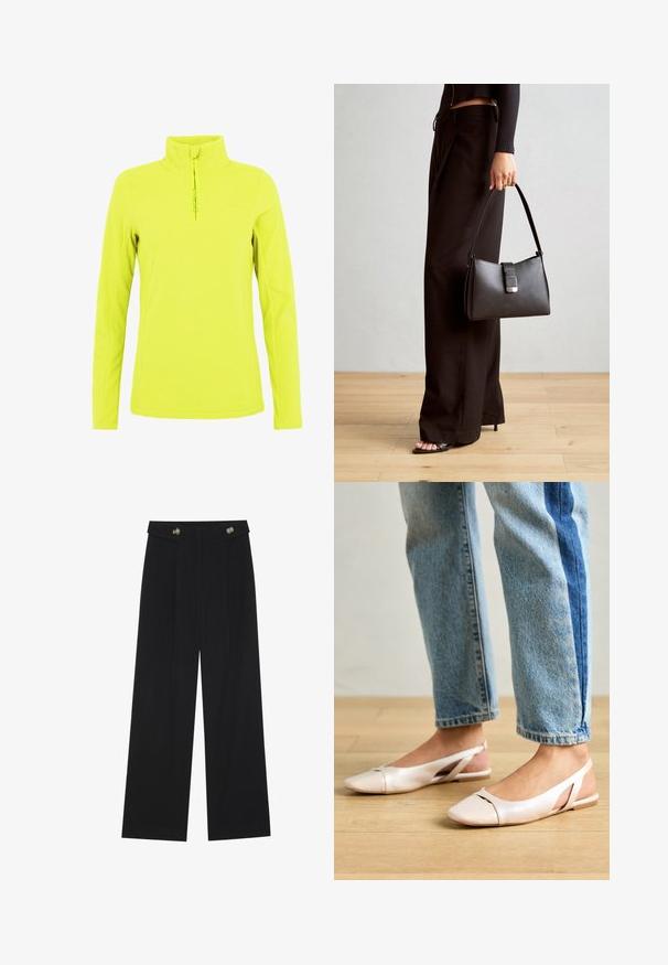 Žltý fleecový pulóver s vysokým golierom a zipsom na štvrť. Má hladkú textúru a jemné logo na hrudi. Dlhé rukávy.; Čierne široké nohavice s vysokým pásom, so zapínaním na gombíky na páse a prednými sklady.; Svetloružové slingback baleríny s jemne špicatou špičkou, vyrobené z hladkého materiálu pripomínajúceho kožu. Majú výrezové detaily na stranách a plochý opätok.; Čierna kabelka so štruktúrovaným tvarom, hladkou textúrou a kovovou sponou. V kombinácii so širokými čiernymi nohavicami a sandálmi s otvorenou špičkou na drevenej podlahe.