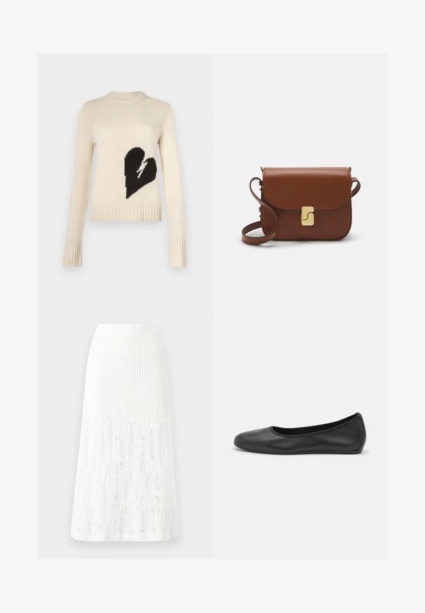 Maglione lavorato a maglia color crema con un grande cuore nero sul davanti, bordo e polsini a coste e scollatura rotonda.; Gonna midi bianca in maglia con un motivo testurizzato a righe verticali e dettagli a taglio vicino all'orlo. Vita elasticizzata. Materiale morbido.; Pantofole da balletto nere in pelle con punta arrotondata, texture liscia, dettagli di cucitura minimi e design con suola flessibile.; Borsa a tracolla in pelle marrone con chiusura a pattina, hardware color oro, tracolla e una finitura liscia. Forma rettangolare compatta.