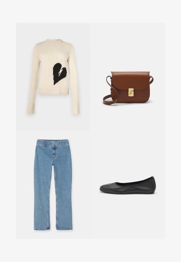 Kreemikas värvi kampsun, mille esiküljel on suur must süda, soonikkoes servad ja käised ning ümmargune kaelus.; Valge lühikeste varrukatega T-särk ribatud kangast. Ümara kaelusega, tavalisest sobivusest ja peente õmbluse detailidega. Ilma mustrite või graafikateta.; Heledad hall sinise sirge jala teksapüksid, nööbi ja luku sulgemisega, vöörihmadega ja standardõmblustega valgel taustal.; Musthave mustika tantsutossud mustast nahast, ümmarguse varbaga, siledast tekstuurist, minimaalse õmblusdetailiga ja paindliku tallakujundusega.; Pruunist nahast käekott, millel on klapiga sulgur, kuldne riistvara, õlarihm ja sile tekstuur. Kompaktne ristkülikukujuline vorm.