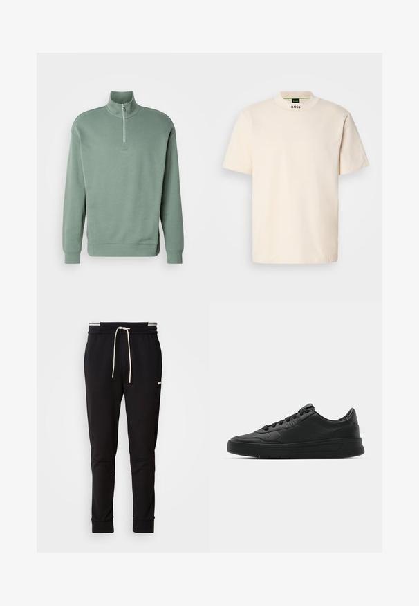 Svetle zelená mikina na zip vyrobená z měkké látky, s vysokým límcem, žebrovanými manžetami a jemným logem na hrudi.; Krémové tričko s krátkým rukávem a vysokým límcem, na přední části krku a vnitřní štítku s potiskem "BOSS" v černé barvě.; Černé slim-fit joggingové kalhoty s bílou stahovací šňůrkou, žebrovanými manžetami a jemným logem na horní části stehna na jednoduchém pozadí.; Černé tenisky s hladkým koženým svrškem, kulatou špičkou, plochými tkaničkami, polstrovaným límcem a minimalistickým designem. Gumová podrážka s jemným vzorkem.