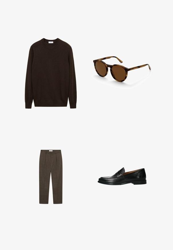 Brauner Strickpullover mit Rundhalsausschnitt, gerippten Ärmelbündchen und Saum. Besitzt eine strukturierte Optik und Raglanärmel für eine lockere Passform.; Braune Karohosen mit Falten, aus strukturiertem Material. Sie verfügen über einen taillierten Bund und zulaufende Beine für einen eleganten Look.; Schwarze Lederlammerschuhe mit glatter Oberfläche, abgerundetem Zehenbereich und dezenten Akzentnähten, ausgestattet mit einer flachen Gummisohle.; Daniel Wellington ARCH - Sonnenbrille - brown demi