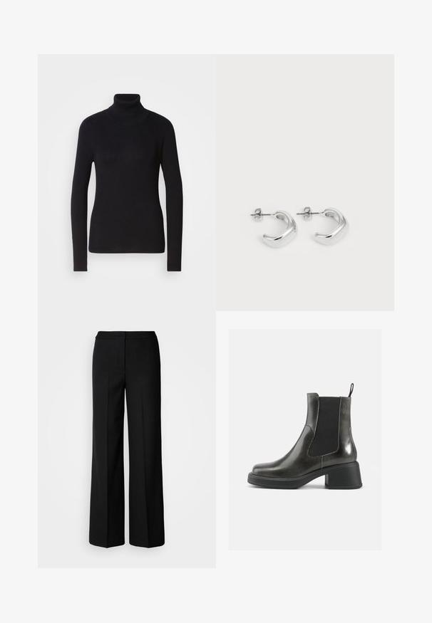 Fekete bordás garbós pulóver hosszú ujjal. Kötött anyagból készült, slim fit szabással. Sima tapintás és magas nyak részlet.; Fekete, széles szárú nadrág sima anyagból, magas derekú, üzemben készült varrásokkal és minimalista dizájnnal. Nincsenek látható fémrészek vagy zsebek.; Fekete bőr bokacsizmák sima felülettel, rugalmas oldalsó panelekkel és vastag sarkakkal. Jellemzőjük egy húzófül, amely megkönnyíti a felvételt.; Ezüst karika fülbevalók sima, fényes felülettel. Kerek forma, enyhén ívelt dizájnnal és összemosott szélekkel. Rögzítő csattal.