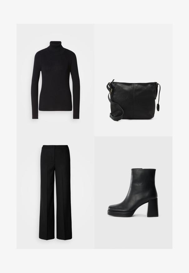 Svart ribbet turtleneck-genser med lange ermer. Laget av strikket materiale med en slank passform. Glatt tekstur og høy halsdetalj.; Svarte vide bukser med et glatt stoff, med høy livvidde, skreddersydde sømmer og et minimalistisk design. Ingen synlig maskinvare eller lommer.; Sorte skinnankelsko med blokkhæl og plattformsåle, sett fra siden på en enkel hvit bakgrunn.; Svart skinn crossover-veske med flat form, gullfarge detaljer og justerbar stropp. Glatt tekstur med minimale sømmer.