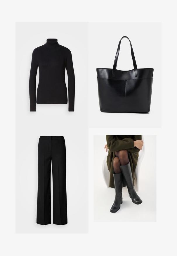 Crna rebrasta dolčevita s dugim rukavima. Izrađena od pletiva s uskim krojem. Glatka tekstura i detalj visokog vrata.; Crne široke hlače od glatkog materijala, s visokim strukom, krojenim šavovima i minimalističkim dizajnom. Bez vidljivih metalnih dijelova ili džepova.; Čizme od crne kože do koljena sa četvrtastim vrhom i blok petom, prikazane s manekenkom koja sjedi u maslinasto zelenom kaputu. Glatka tekstura, minimalni detalji.; Crna kožna torba s dugim ručkama, glatkom teksturom i strukturiranim oblikom. Ima prednju džep za dodatno pohranu.