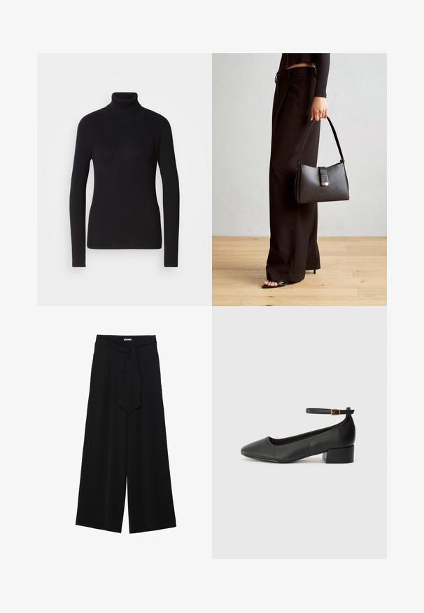 Maglione nero a collo alto con maniche lunghe. Realizzato in materiale a maglia con un design aderente. Texture liscia e dettaglio del collo alto.; Pantaloni neri a gamba larga caratterizzati da un tessuto testurizzato, una vita elastica e una cintura staccabile per una vestibilità regolabile.; Pump in pelle nera con punta affusolata e tacco basso a blocco. Presenta una cinghia alla caviglia con una fibbia in tonalità oro. Texture liscia.; Borsa nera con forma strutturata, texture liscia e una chiusura metallica. Abbinata a pantaloni neri larghi e sandali open-toe su un pavimento in legno.