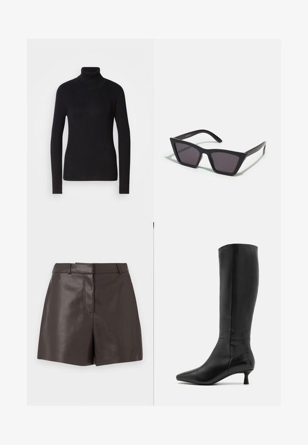 Melnā ribiņkubla džemperis ar garām piedurknēm. Izgatavots no adīta materiāla ar šahtu pieguļošu dizainu. Gluda tekstūra un augsta kakla detaļa.; Brūni ādas šorti ar gludu tekstūru, ar priekšējo šuvju, jostu cilpiņām un divām sānu kabatām. Izveidoti, lai iegūtu pieguļošu siluetu.; Zign Zābaki - black; Melni, stūrveida saulesbrilles ar pelēkiem objektīviem; izgatavotas no plastmasas, ar biezām kājām, kam ir gluda virsma un nav redzamu stiprinājumu.; Brūna ādas rokassoma ar divām izturīgām rokturām, taisnstūra forma, gluda tekstūra un ar rāvējslēdzēju. Minimālisma dizains bez redzamām rakstzīmēm.