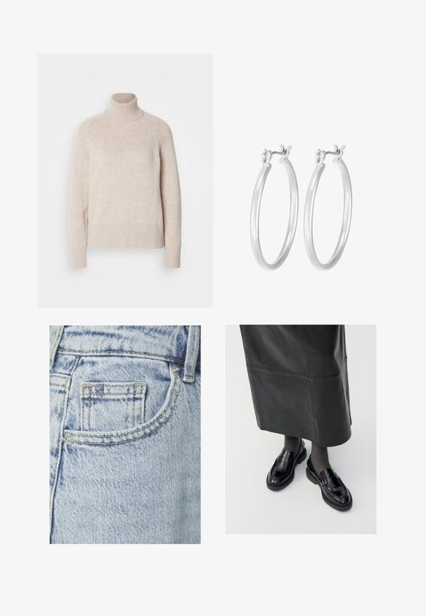 Gai bēšs augstā krūšu adījums ar ribotu apkakli un apakšmalu, izgatavots no mīksta adīta auduma, ar garām piedurknēm un brīvu piegriezumu.; Gai zila džinsa bikses ar mazu aizmugures kabatu, redzamu šuvju un metāla kniedi, ar smalku izbalējušu tekstūru.; Melni ādas loafers ar gludu apdari, ar dekoratīvu jostu, apaļu pirkstu un teksturētu zoli. Valkāti ar garu melnu ādas svārku.; Sudraba riņķveida auss gredzeni ar gludu, pulētu apdari. Apaļa forma un drošs klikšķa augšējais slēgums. Viegls dizains, kas piemērots ikdienas valkāšanai.
