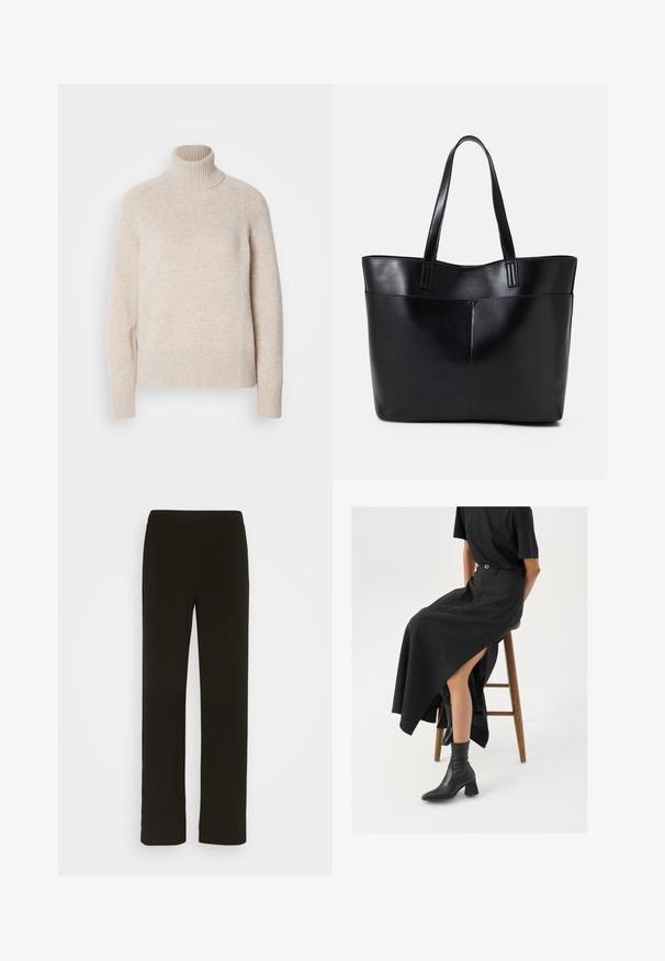 Šviesiai smėlinis turtleneck megztinis su rausvu apykaklė ir apatiniu kraštu, pagamintas iš minkštos mezgimo medžiagos, su ilgomis rankovėmis ir laisvu siluetu.; Juodas be rankovių golfo tipo megztinis, pagamintas iš lygaus audinio. Prigludęs dizainas su aukšta apykakle ir tiesia apačia, minimalistinis ir vienos spalvos.; Juodi tiesūs kelnės, pagamintos iš audinio, turinčios lygų priekį, dvi šonines kišenes ir glotnų paviršių. Nėra matomų raštų ar akcentų.; Juoda lininė maksi sijonas su aukštu plyšiu, vilkimas su juodu marškinėliu ir juodais aulinukais. Minimalistinis dizainas su laisvu siluetu.; Juoda odinė rankinė su dviem ilgais diržais, lygiu paviršiumi ir struktūrizuota forma. Yra priekinė kišenė papildomam saugojimui.