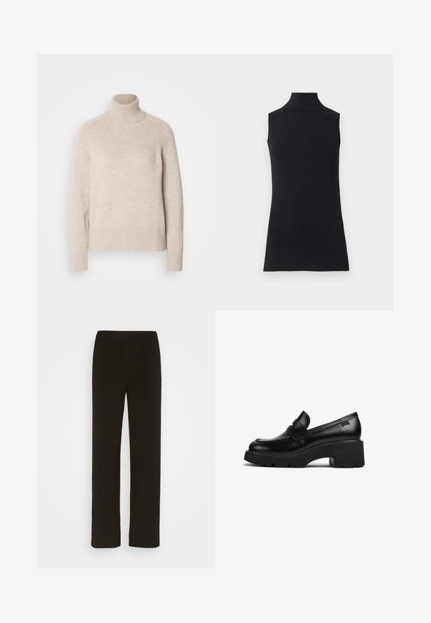 Helebeež turtleneck-sviiter ribidega krae ja alumise ääraga, valminud pehmest kudumisest, pikkade varrukate ja vabalt langeva lõikega.; Must have muströppeta top, mis on valmistatud siledast kangast. Lihtne disain, kõrge kaelusega ja sirge äärega, minimalistik ja ühte värvi.; Mustad, sirged jalad, mis on valmistatud kootud kangast, millel on lame esiosa, kaks külgtaskut ja sile tekstuur. Ilma nähtavate mustrite või aktsentideta.; Must musta jalgadega must nahast lohvik, paksu tallaga ja rihmaga ülevalt, kujutatud külgvaates valgel taustal.
