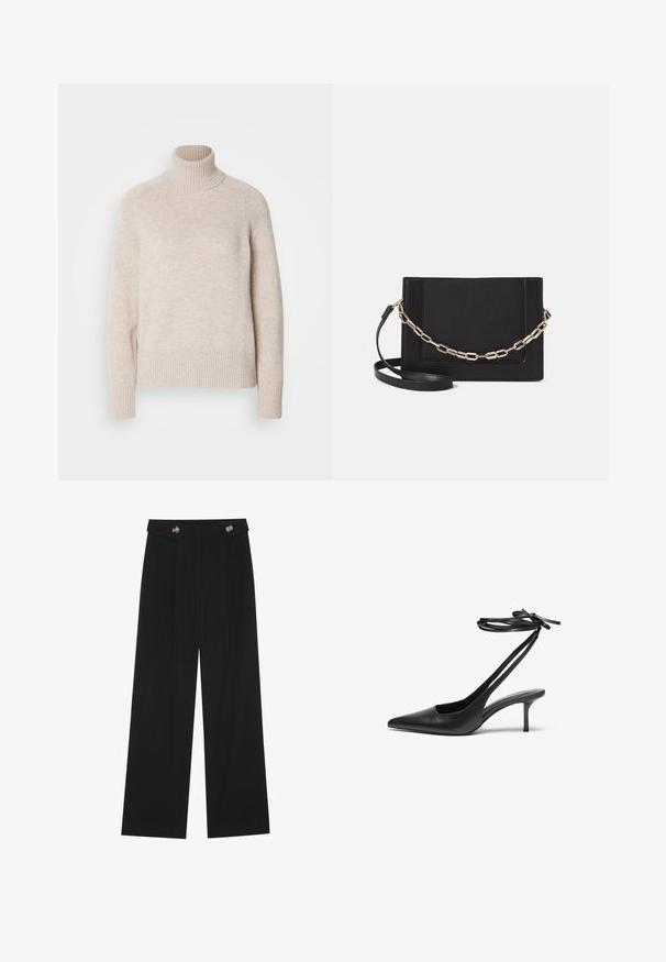 Gai bēšs augstā krūšu adījums ar ribotu apkakli un apakšmalu, izgatavots no mīksta adīta auduma, ar garām piedurknēm un brīvu piegriezumu.; Melnas platās bikses ar augstu jostasvietu, pogu detaļām uz jostas un priekšējām krokām.; Melnas ādas stiletto kurpes ar norādītu purngalu, atvērtu aizmuguri un potītes siksniņām, kas sasietas neglītajā mezglā. Šaurs 3 collu papēdis. Gluda tekstūra, minimālisma dizains.; Melna ādas crossbody soma ar gludu faktūru, taisnstūrveida formu un metalizētu ķēdes detaļu priekšā. Iekļauta regulējama siksna.; Sudraba divu joslu gredzens ar gludu, pulētu virsmu. Iezīmējas ar plūstošu, izliekta dizaina struktūru ar pārklājošām sekcijām modernam izskatam.