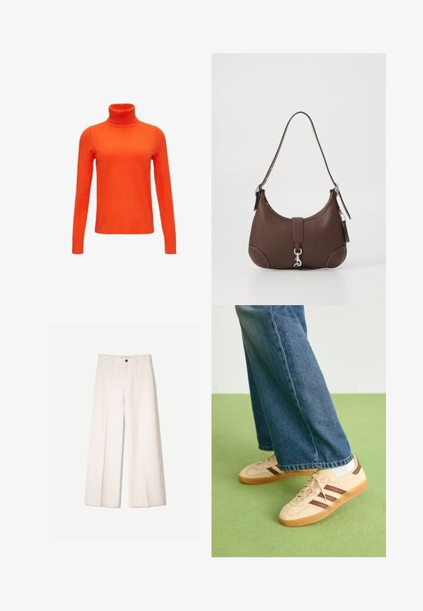 Pomarańczowy sweter z golfem, wykonany z miękkiego, gładkiego materiału dzianinowego. Posiada długie rękawy oraz dopasowany krój z prążkowanymi akcentami przy kołnierzu i hemie.; Kremowe spodnie szerokie z dopasowanym krojem, z dwoma przednimi kieszeniami i pojedynczym zapięciem na guzik z przodu, wykonane z gładkiego materiału.; Beżowe sneakersy z fakturowanymi kremowymi panelami i brązowymi paskami, w połączeniu z niebieskimi dżinsami. Dżinsy mają szerokie nogawki i postrzępione wykończenie.; Brązowa skórzana torebka o zaokrąglonym kształcie, ze srebrnymi elementami i dekoracyjnym przeszyciem. Posiada pasek na ramię i zapięcie na zamek.