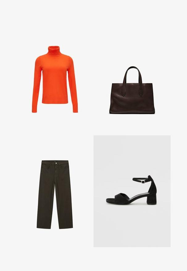 Oranger Rollkragenpullover aus weichem, glattem Strickmaterial. Verfügt über lange Ärmel und eine taillierte Silhouette mit gerippten Akzenten am Kragen und Saum.; Dunkelgrüne Jeans im weit geschnittenen Style, hergestellt aus einem Baumwollgemisch. Sie verfügen über einen Frontknopfverschluss, fünf Taschen und klassische Denim-Nähte.; Schwarze Wildleder-Espadrilles mit einem dünnen Knöchelriemen, offener Zehenpartie und moderatem Blockabsatz. Glatte Textur und minimale Akzente.; Braune Ledertasche mit zwei langen Griffen, strukturierte rechteckige Form, glatte Textur und dezente Nähdetails.