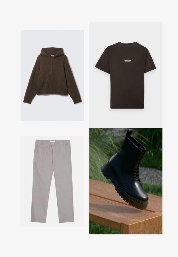 Brązowy sweter zapinany na zamek błyskawiczny z kapturem, wykonany z miękkiej, fakturowanej tkaniny. Wyróżnia się ściągaczem u dołu i na mankietach oraz przednim zapięciem na zamek.; Czarny bawełniany T-shirt z krótkimi rękawami i okrągłym dekoltem, z białym logo "JJ Studios" na środku przodu. Gładka faktura.; Jasnoszare bawełniane spodnie z elastycznym paskiem w talii, dwoma bocznymi kieszeniami, prostym krojem nogawek i gładką fakturą. Proste detale przeszycia.; Czarne skórzane botki za kostkę z teksturowaną powierzchnią, sznurowanym przodem i masywną, żebrowaną podeszwą. Wyeksponowane na drewnianej powierzchni z trawiastym tłem.